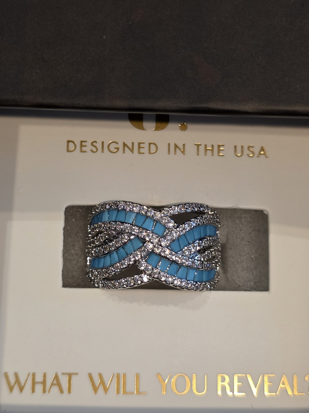 Turquoise Inlay Crisscross Pavé Ring - Silver Finish
